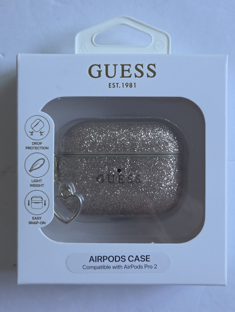 GUESS Glitter Rose Gold AirPods Pro 2 Case with Heart Charm